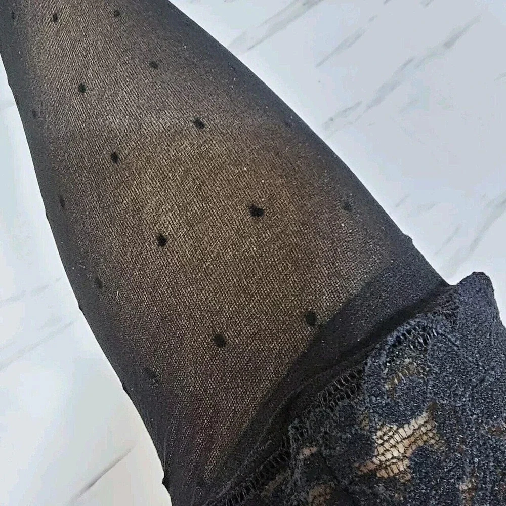 Vintage Fredericks Hollywood Dot Ruffle Top Thigh Highs Black Nylon M USA‎ NOS